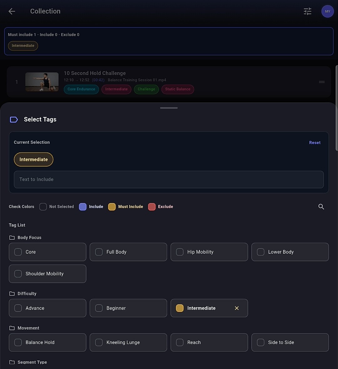HL Player screen for searching and selecting tags